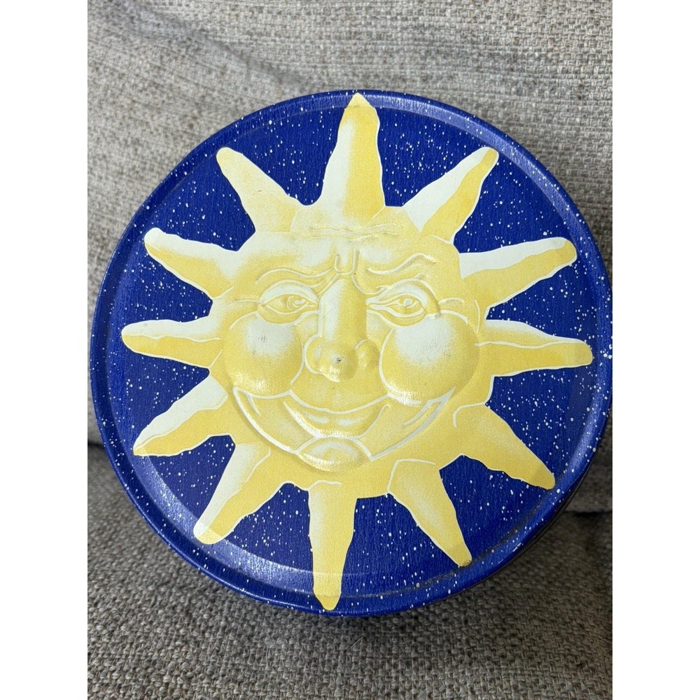 Sun Face Celestial Metal Tin 90s Vintage Blue Yellow Moon Phase Sewing Storage